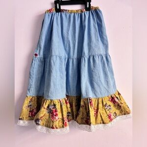 Tiered Cottagecore/Cowgirl/Boho/Prairie Women’s Skirt, S, Ruffled w Lace, Blue